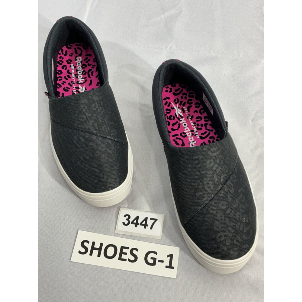 Womans Reebok Memory Tech 7.5 Black Pink Leopard Slip On Quilted Sneakers NWOT